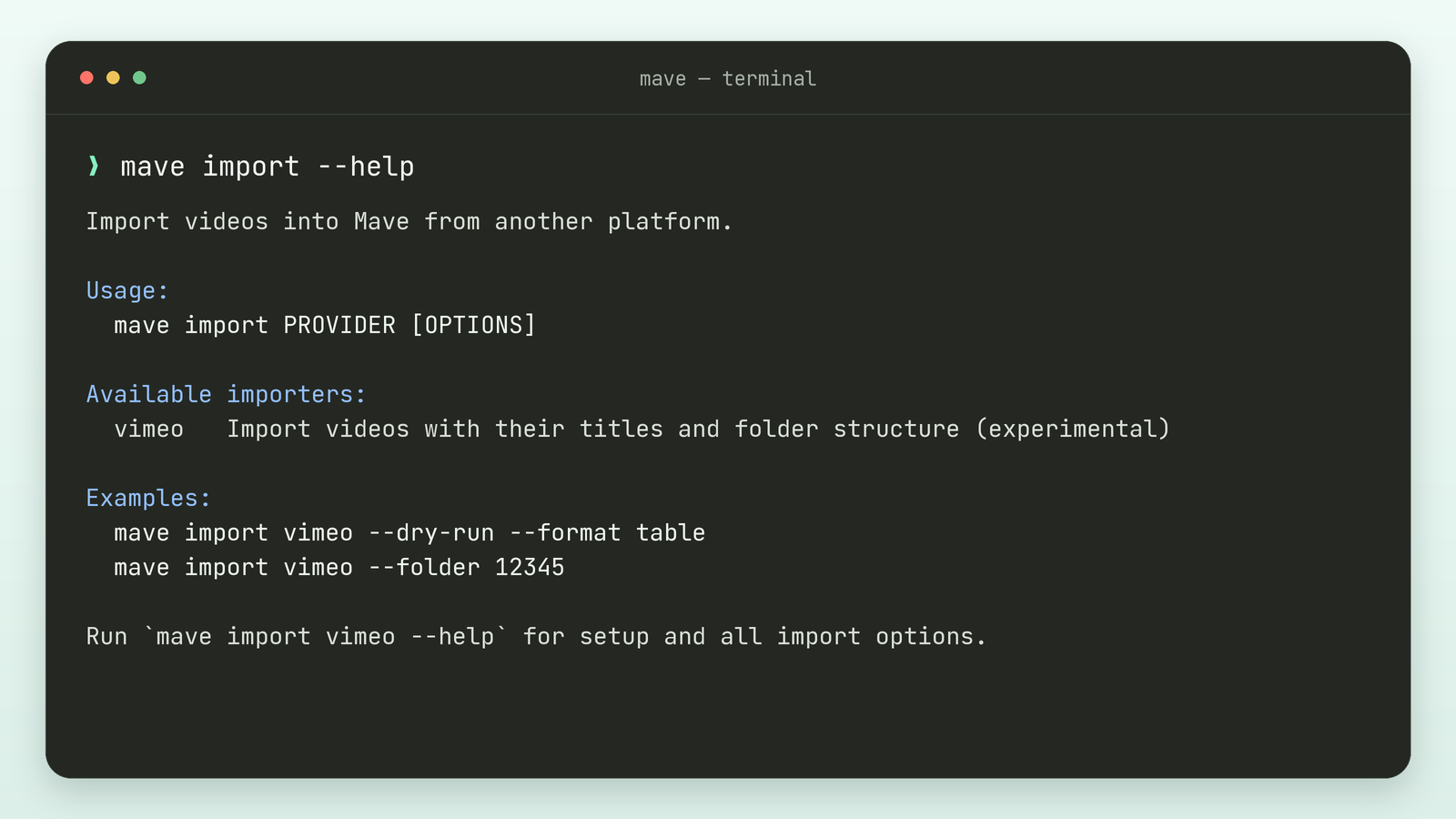 Terminal mit der Mave CLI-Hilfe für den Import von Videos aus Vimeo.